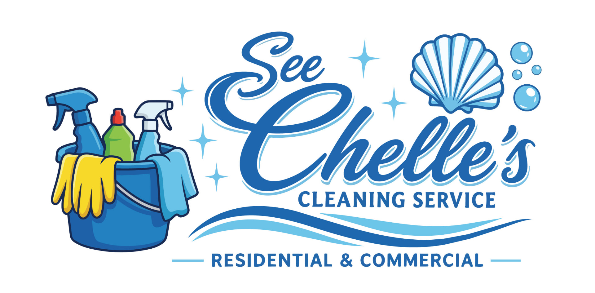 SeeChelles Cleaning Service logo with cleaning supplies, seashell and bubbles